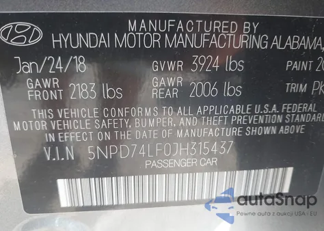 2018 Hyundai Elantra Se z USA, uszkodzony, nr VIN 5NPD74LF0JH315437